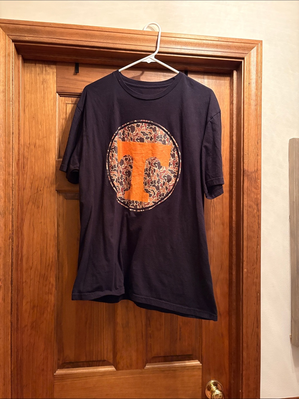 Womens Black T-Shirt with Orange 'T' Graphic size large
